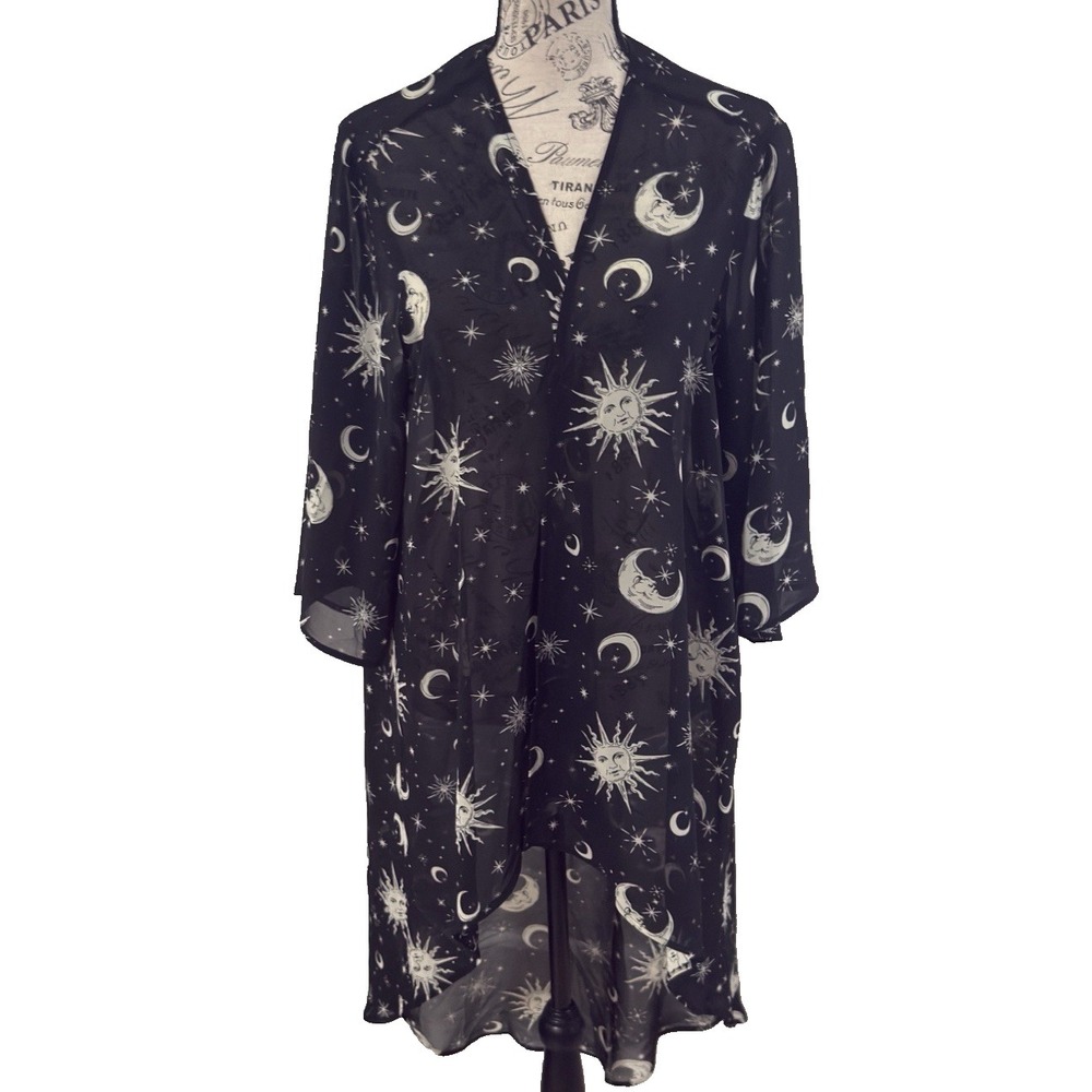 Hot Topic Kimono Celestial Hi Low  Size XS/S Black Sheer Duster Moon Sun Robe